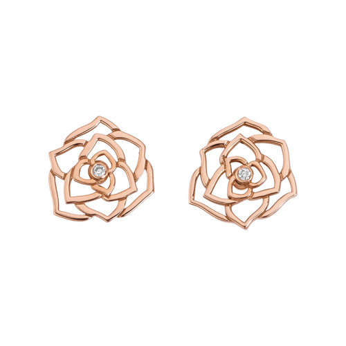 PIAGET/伯爵 經(jīng)典款ROSE玫瑰系列 18K金玫瑰金鑲鉆優(yōu)雅鏤空玫瑰耳釘 G38U0069