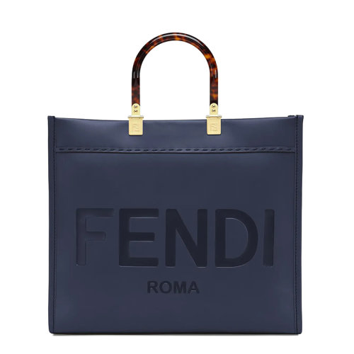 FENDI/芬迪 SUNSHINE系列 女士中號(hào)深藍(lán)色小牛皮燙印徽標(biāo)有機(jī)玻璃提手配可拆卸肩帶斜跨單肩手提包8BH386ABVLF1998