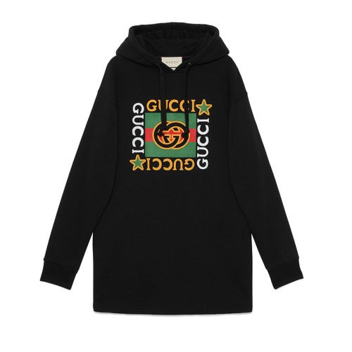 GUCCI/古馳 Gucci標(biāo)識星星印花兜帽 黑色 女士長款衛(wèi)衣 連衣裙 610144 XJB8V 1082