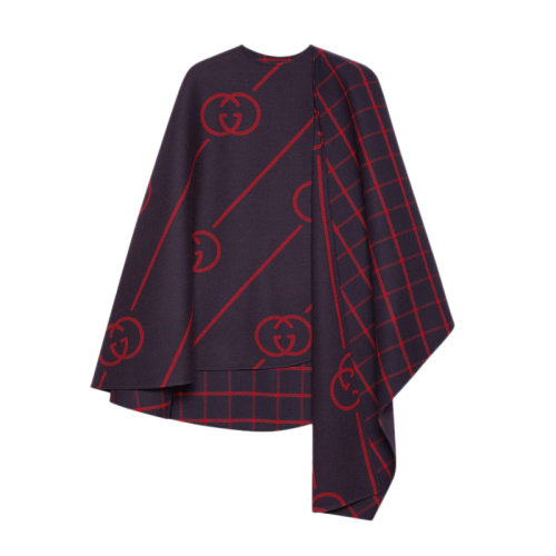 GUCCI/古馳 女士藍色羊毛GG印花圓領(lǐng)披肩斗篷 569213-ZABXV-4668