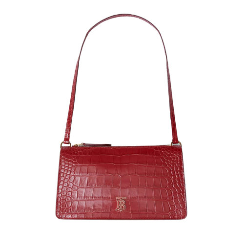BURBERRY/博柏利 22新款 女士深胭脂紅色小牛皮鱷魚(yú)紋壓花TB字母組合拉鏈開(kāi)合手拿包80606371
