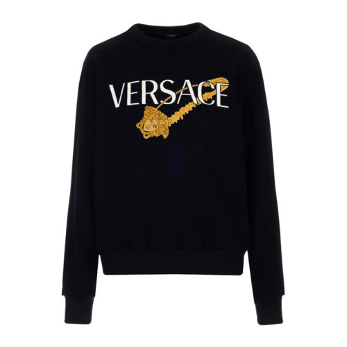 VERSACE/范思哲 女士黑色棉質(zhì)混紡滌綸經(jīng)典字母徽標美杜莎頭像印花裝飾圓領(lǐng)長袖上衣衛(wèi)衣套頭衫 1001572-1A01174-1B000