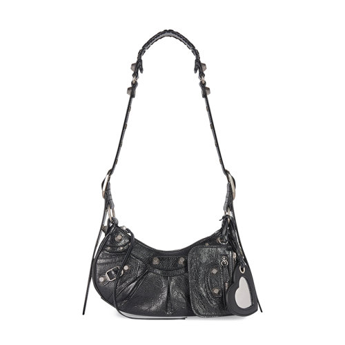 Balenciaga/巴黎世家  LE CAGOLE系列 女士XS號黑色小羊皮復古銀色飾面單肩包6713091VG9Y1000