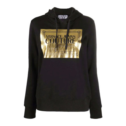 VERSACE JEANS/范思哲牛仔 女士黑色棉質(zhì)經(jīng)典字母徽標印花裝飾長袖上衣衛(wèi)衣連帽衫運動衫套頭衫 71HAIT15-CF00T-G89