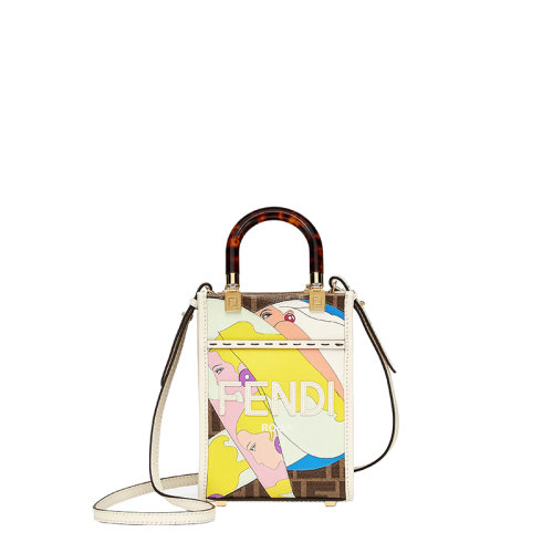 FENDI/芬迪 22春夏新款Sunshine系列 女士迷你棕色小牛皮雙F老花白色皮革Hairdo印花滾邊雙手柄單肩包斜挎包8BS051AJH9F1HDV