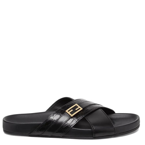 FENDI/芬迪 男士黑色皮革FF Baguette金扣交叉帶涼鞋7X1384AE87F0ABB