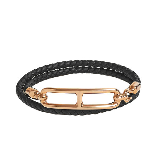 HERMES/愛馬仕 22春夏新款Roulis系列 黑色小牛皮玫瑰金色豬鼻扣編織雙圈手鏈H071727FO89
