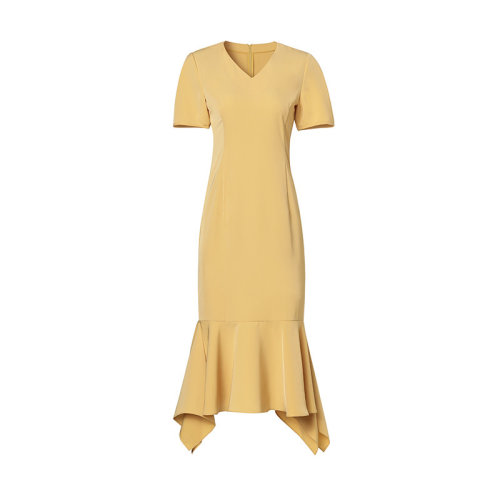 GeleiStory/GeleiStory  夏季新款氣質(zhì)時尚V領(lǐng)收腰修身顯瘦純色魚尾中長小禮服連衣裙  女裝＞女士裙裝＞女士連衣裙