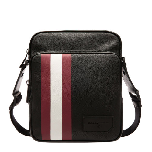 BALLY/巴利   男士黑色皮質(zhì)條紋LOGO圖案時(shí)尚單肩斜挎包/郵差包