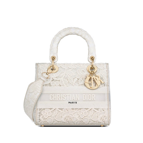 DIOR/迪奧 22新款LADY D-Lite系列 女士中號自然色織物花邊刺繡手袋M0565OROL_M925