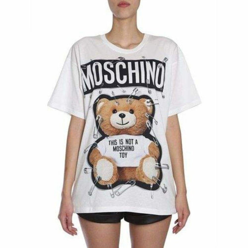 MOSCHINO/莫斯奇諾  女裝 女士白色棉質(zhì)小熊別針圖案短袖T恤 EA070455402002