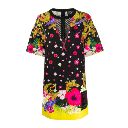 VERSACE JEANS/范思哲牛仔 女士多色拼色聚酯纖維混紡彈性纖維印花裝飾圓領(lǐng)短袖連衣裙 D2HVA437-S0666-983