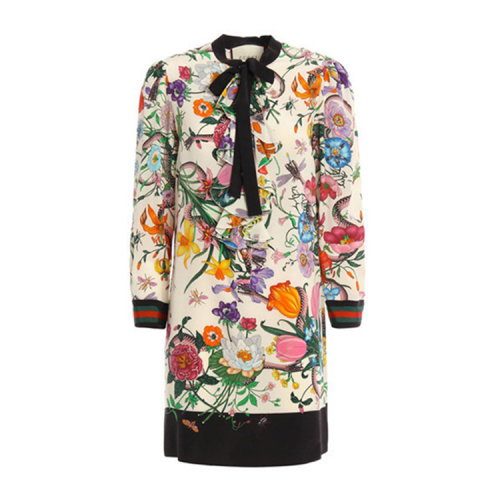 Gucci 古馳 新款女士花卉蛇形印花真絲連衣裙    170512