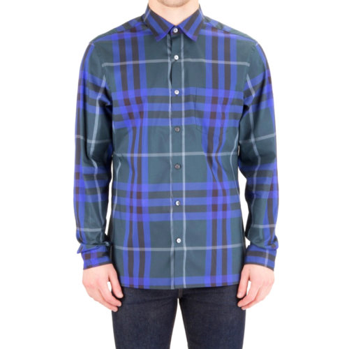 Burberry/博柏利 男裝 服裝 深藍色棉質(zhì)經(jīng)典格紋翻領(lǐng)襯衣 男士長袖襯衫