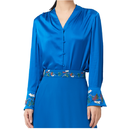 HUI/卉21年秋冬新品 靛藍(lán)經(jīng)典彈力重縐真絲紅妝香蘭袖口非遺刺繡V領(lǐng)襯衣女士長袖襯衫上衣套頭衫HR41C01846