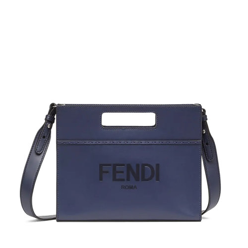 FENDI/芬迪  男士迷你藍(lán)色皮革拉鏈開(kāi)合銀色金屬件配肩帶斜跨單肩手提包7VA547AC9LF18YJ