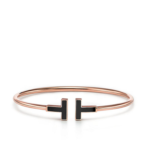 Tiffany & Co.蒂芙尼  Tiffany T Wire系列18k金玫瑰金黑色瑪瑙T字手鐲GRP11105