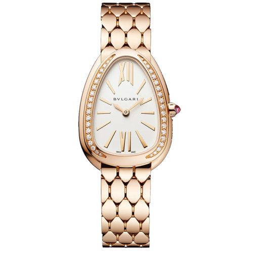 BVLGARI/寶格麗 帶有18K金玫瑰金表殼手鐲和金表圈鑲有鉆石和銀白色乳白色表盤 SERPENTI SEDUTTORI石英手表 33毫米 103146