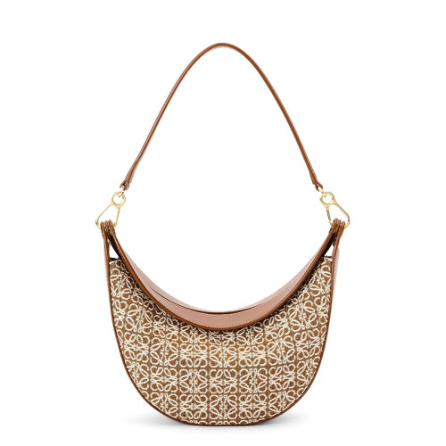  LOEWE/羅意威 22新款Luna系列 女士小號黃褐色/山核桃色老花織物皮革飾邊半月形流浪包單肩手提腋下包A923PM1X02-2713