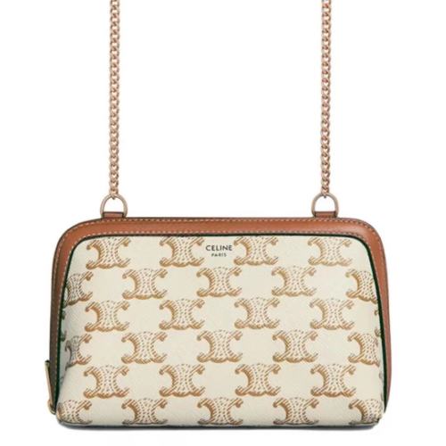 CELINE/賽琳 新款女士白色凱旋印花涂層帆布黃褐色小羊皮飾邊鏈條單肩斜挎手拿包 10E382CBX01TA