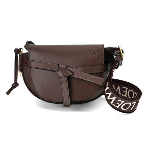 LOEWE/羅意威 22新款Gate Dual系列 女士迷你款巧克力色小牛皮提花織物肩帶翻蓋開(kāi)合單肩斜挎包A650N46X13-3870