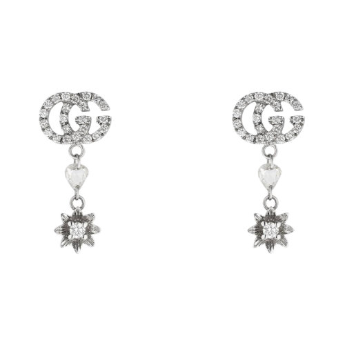 GUCCI/古馳 18K金白金雙G細(xì)節(jié)與花朵吊墜鉆石耳環(huán) 581830J85409066
