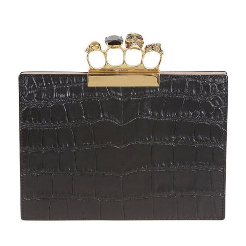 Alexander McQueen/亞歷山大麥昆 女包 骷髏頭 四環(huán) 女士黑色鱷魚壓紋手拿包 554149DZT0T1000