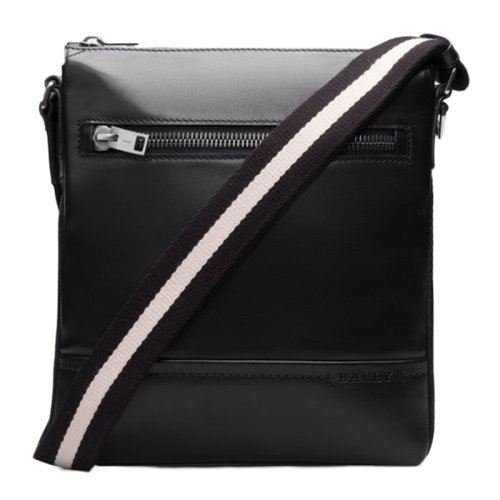 BALLY/巴利 男士黑色皮革正面壓花徽標(biāo)經(jīng)典條紋裝飾單肩包斜挎包男包 6214271