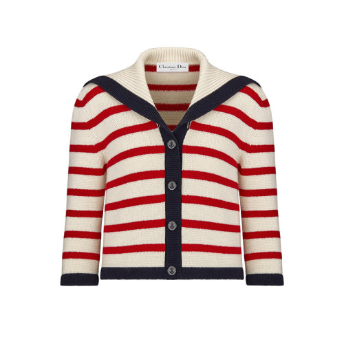 DIOR/迪奧 22年早春新款 女士紅色/米白色羊毛和羊絨混紡條紋水手風(fēng)針織開(kāi)衫毛衣224G02AM309_X0853