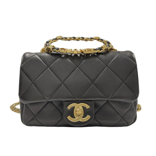 CHANEL/香奈兒 經(jīng)典款 女士黑色小羊皮金色雙c扣開合方胖子斜挎鏈條包AS3723B0986394305