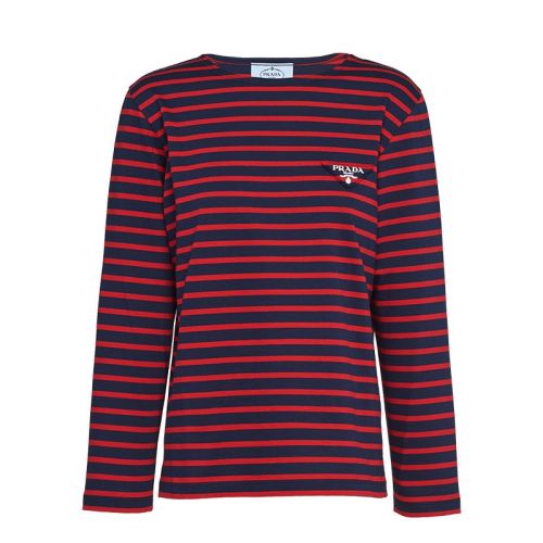 PRADA/普拉達(dá) 22年早春新款 女士紅藍(lán)色平紋針織條紋棉質(zhì)長袖T恤34629_1045_F0E7D_S_221