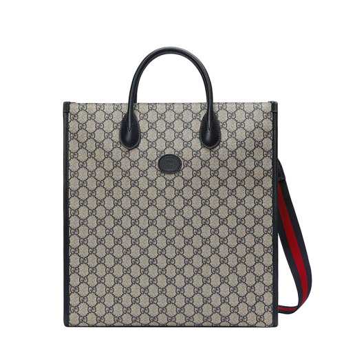 Gucci/古馳 22春夏新款 男士中號(hào)米色/藍(lán)色提花帆布紅藍(lán)肩帶老花手提肩背托特包 6741559C2VN4076