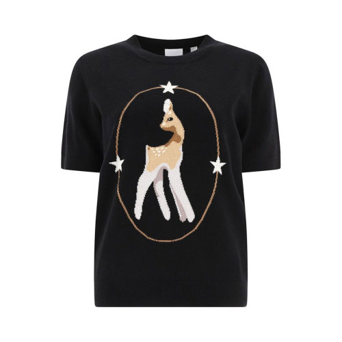 BURBERRY/博柏利 女士黑色羊毛小鹿圖案裝飾圓領(lǐng)T恤 8050613