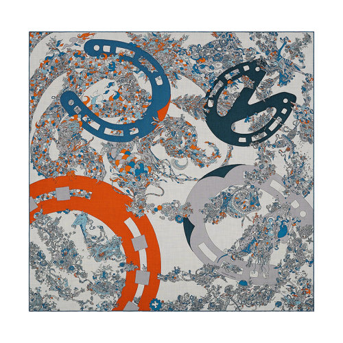 HERMES/愛馬仕 22年早春新款 Carré H 100 Quatre Chevaux系列 男士拼色羊絨真絲混紡圍巾H103807T04