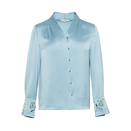 HUI/卉 女士長袖襯衫20秋季新品水綠色V領(lǐng)套頭衫袖口刺繡設(shè)計(jì)