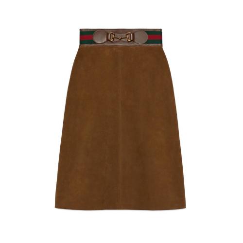  GUCCI古馳 22年秋冬 女士 飾織帶和馬銜扣麂皮半身裙 626888 XNAK3 2176