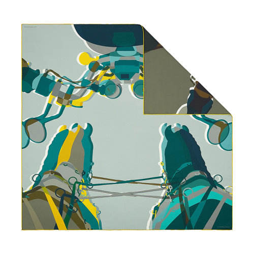 HERMES/愛馬仕 22年早春新款 Carré H 90系列 男士青色拼色真絲雙面印花方巾圍巾H353843T09