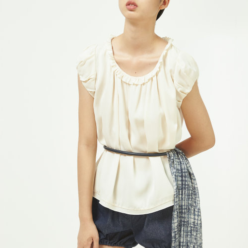 nisiss/怡夕荷葉邊微褶圓領(lǐng)短袖女裝定制y156xf16