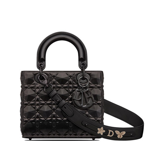 DIOR/迪奧 22新款LADY DIOR系列 女士小號(hào)黑色鉆石形圖案藤格紋牛皮革單肩斜挎手提戴妃包（勛章款）M0538SNEA_M900