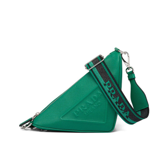 PRADA/普拉達(dá) 22年新款 男士綠色芒果色皮革編織黑色綠色肩帶拉鏈可調(diào)徽標(biāo)印花三角形斜挎單肩包2VH5_2FAD_F0458_V_OOO