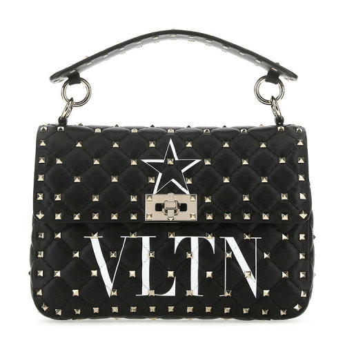 Valentino/華倫天奴  女包女士黑色皮革時尚百搭鉚釘裝飾品牌LOGO星星圖案手提包  UW2B0122AYE NER