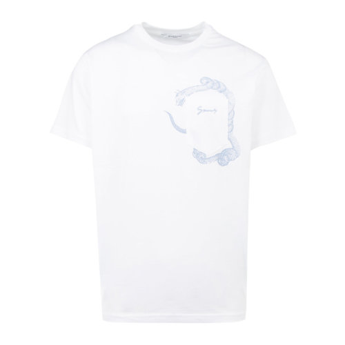 Givenchy/紀(jì)梵希 男士白色棉質(zhì)經(jīng)典字母徽標(biāo)蛇紋印花裝飾圓領(lǐng)短袖上衣T恤 BM70QE3002-100
