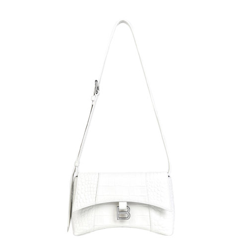 Balenciaga/巴黎世家 20  DOWNTOWN系列 女士XS號(hào)白色鱷魚紋壓花小牛皮復(fù)古銀色飾面B徽標(biāo)單肩斜挎包67135523E8Y9016