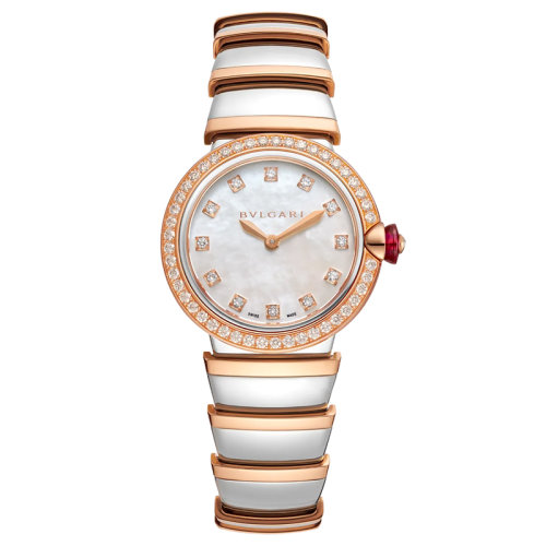 BVLGARI/寶格麗 18k金t玫瑰金表圈 鑲有明亮式切割鉆石 白色珍珠母貝表盤 鉆石時(shí)標(biāo)和不銹鋼手鐲 LVCEA石英手表 28毫米102475