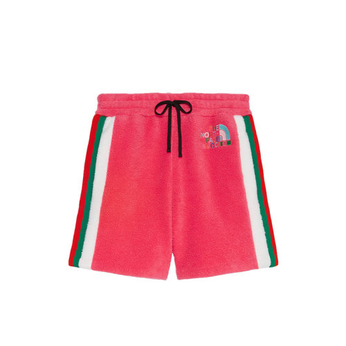 GUCCI/古馳 22秋冬款 The North Face聯(lián)名系列 女士粉色滌綸飾有彩色刺繡LOGO徽標(biāo)兩側(cè)飾有綠紅條紋織帶抓絨短褲?673725XJDUC5554