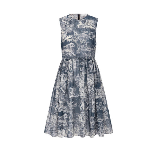 DIOR/迪奧 22年春夏新款 女士海軍藍(lán)色純棉薄紗Reverse茹伊印花無袖中長款連衣裙221R84A3846_X5813