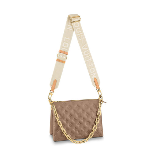 Louis Vuitton/路易威登 經(jīng)典款COUSSIN系列 女士小號灰褐色羊皮革老花壓印金鏈條配可拆卸肩帶單肩斜挎手提鏈條包M59277