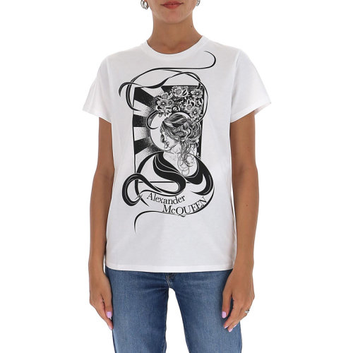 ALEXANDER MCQUEEN 亞歷山大·麥昆 女士 服裝  白色圓領(lǐng)女人花朵棉質(zhì)短袖T恤 女士短袖T恤