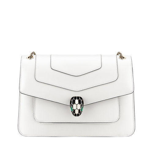 BVLGARI/寶格麗 SERPENTI FOREVER 瑪瑙白色小牛皮飾有標(biāo)志性的Serpenti搭扣中號(hào)翻蓋斜挎單肩鏈條包 290265