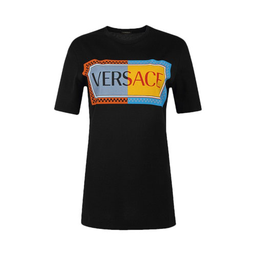 VERSACE/范思哲 女士黑色棉質(zhì)經(jīng)典字母徽標(biāo)印花裝飾圓領(lǐng)短袖上衣T恤 A82247-A228806-A1008